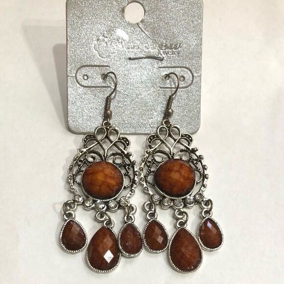 Rainbow Jewelry Brown Beveled Rhinestones Teardrop Chandelier Earrings (a)180 - Picture 4 of 7